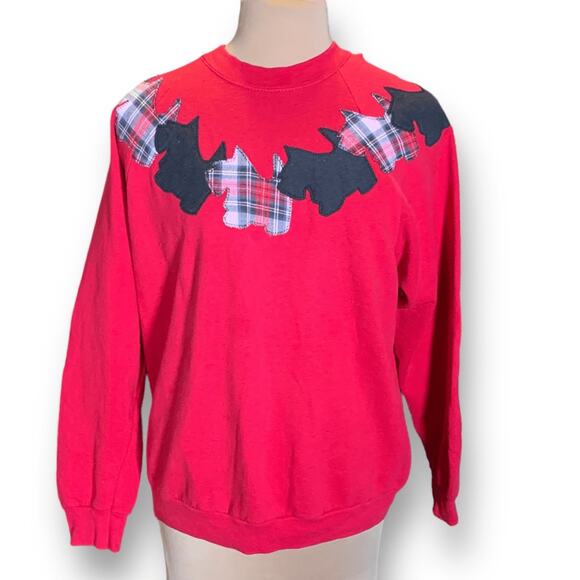 Vintage 80s Red Scottie Dog Applique Sweatshirt XL Plaid Preppy Holiday OOAK - Picture 1 of 9